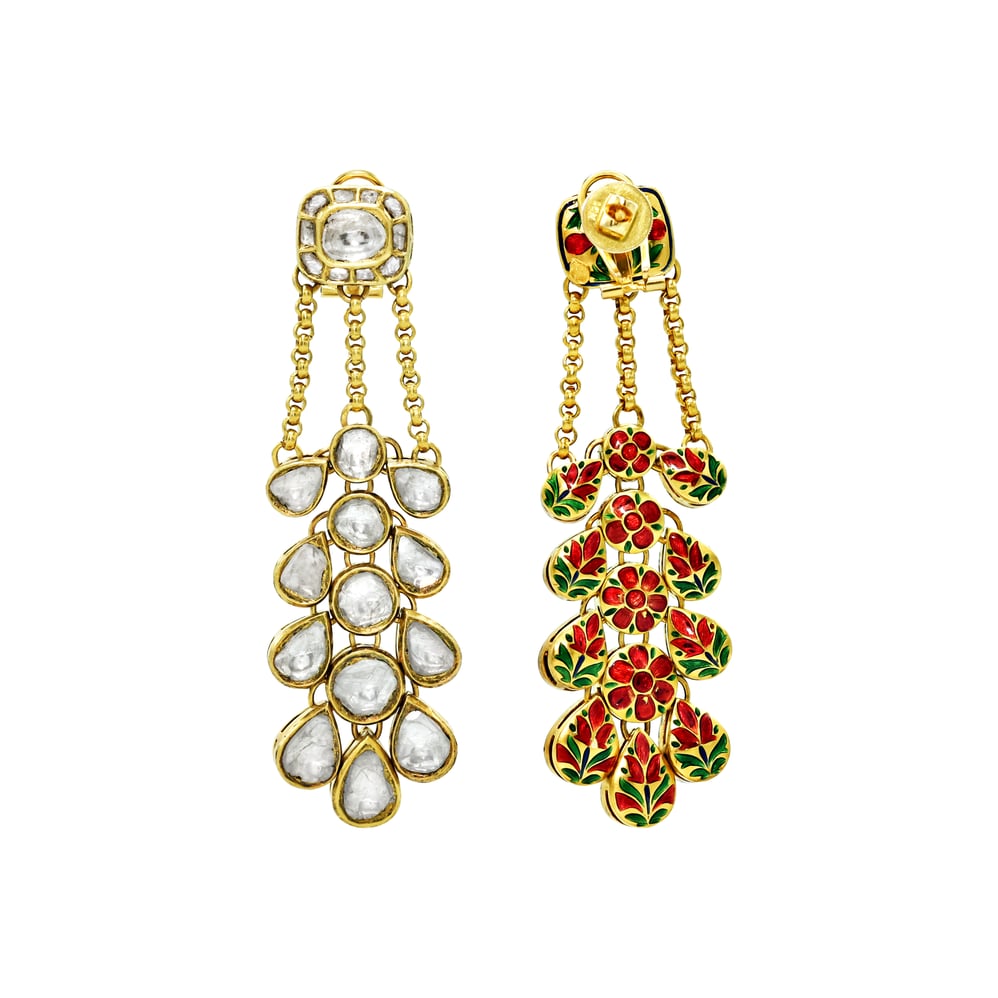 Cascading Polki Earrings with Teardrop Rows and Chain Links